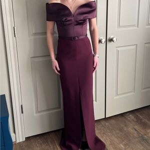 Safiyaa Off-The-Shoulder belted duchesse satin trimmed gown